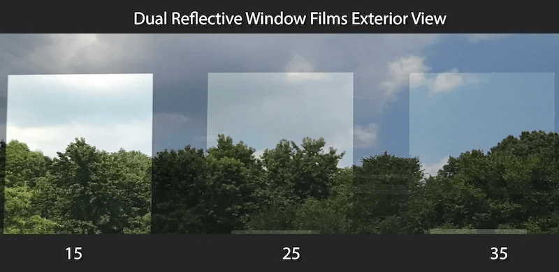 Dual Reflective exterior view. This image shows the exterior of traditional reflective films and how the darker films are more reflective like a mirror.